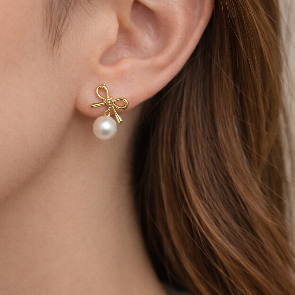 💛 Golden Bow Pearl Drop Earrings 🎀✨ B2F1