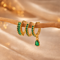 💚 Emerald Green Huggie Hoop Earrings | 18K Gold Plated & Dainty Drop Charm ✨