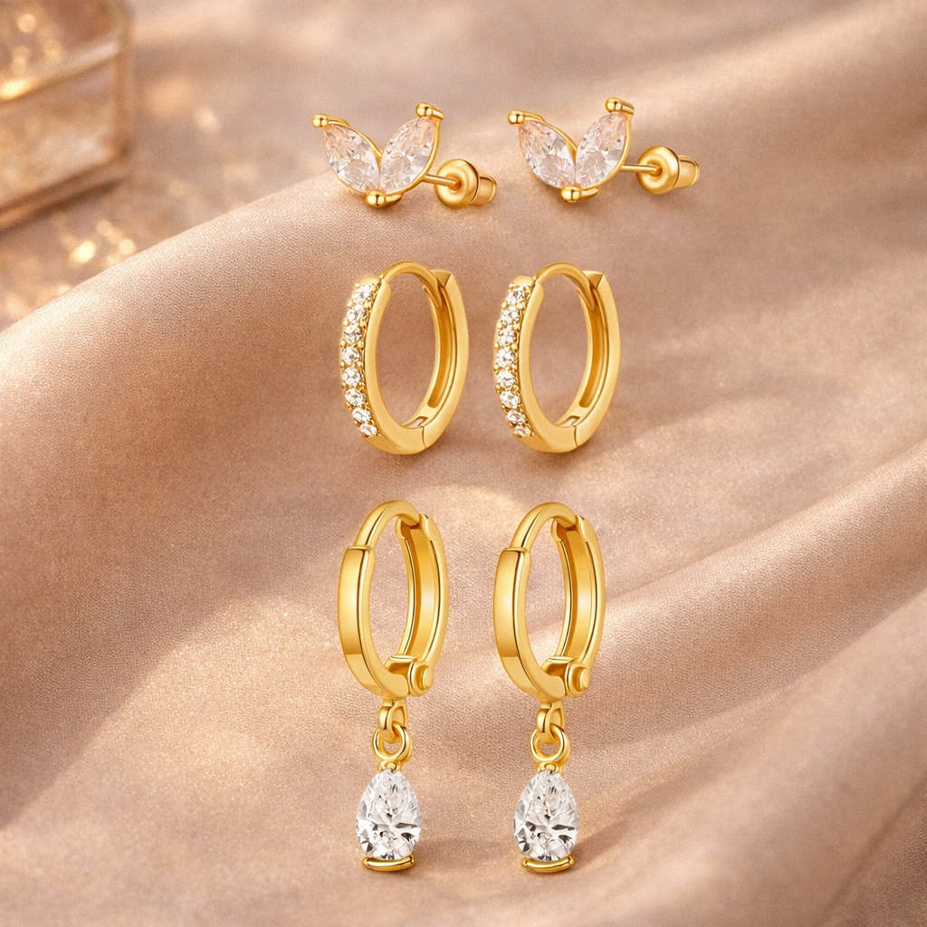 ✨ 18K Gold Plated Luxury Zircon Hoop & Stud Earrings Set
