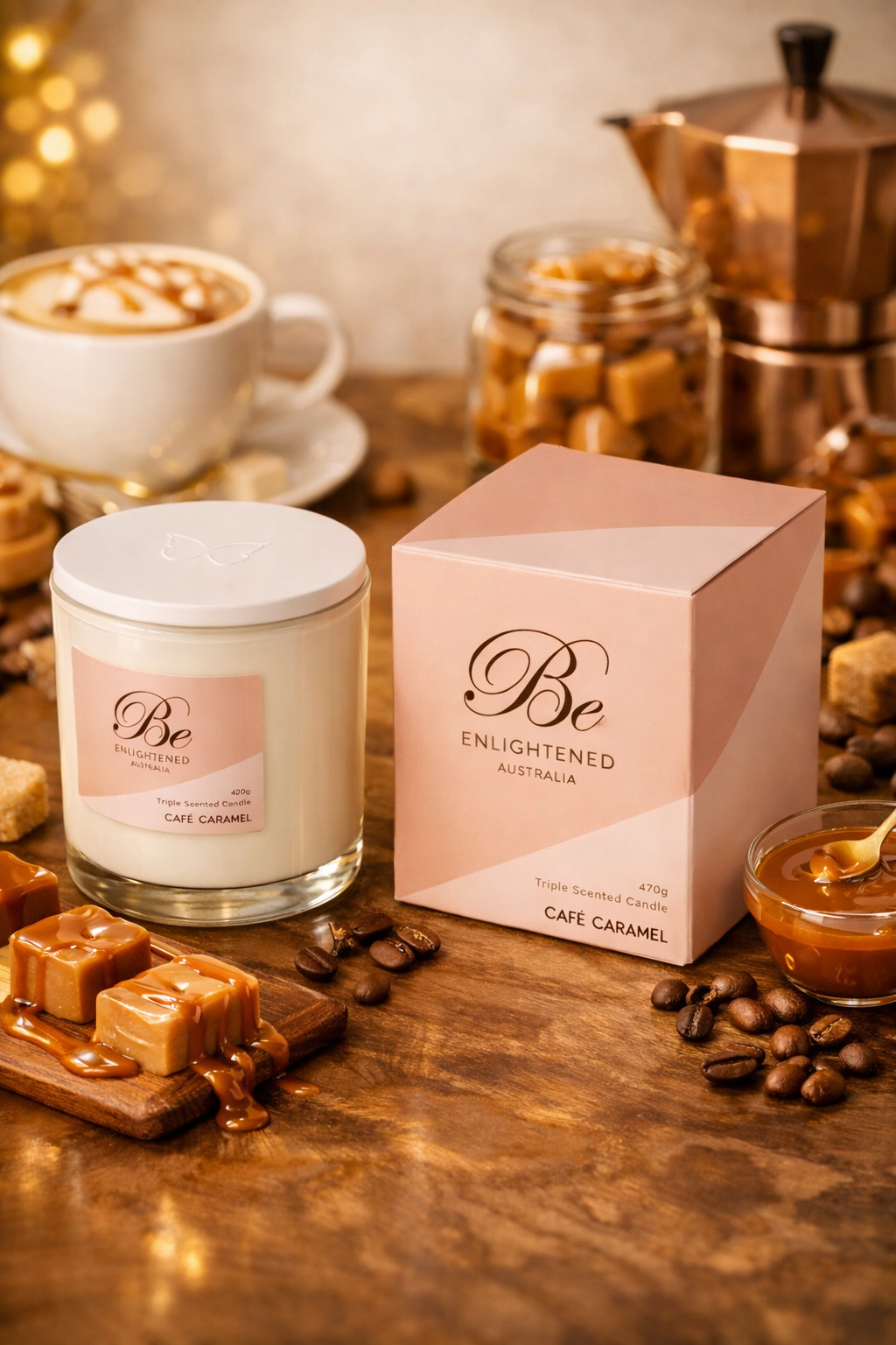☕️ CAFE CARAMEL TRIPLE SCENTED 2 WICK 420G CANDLE by Be Enlightened ☕🍯🌼 - sweet, rich, perfect café treat