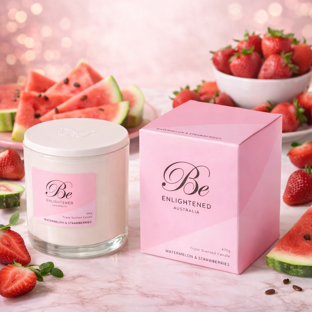 🍉🍓 Watermelon & Strawberries Triple Scented Candle – Be Enlightened ✨🕯️ - Fruity, fun