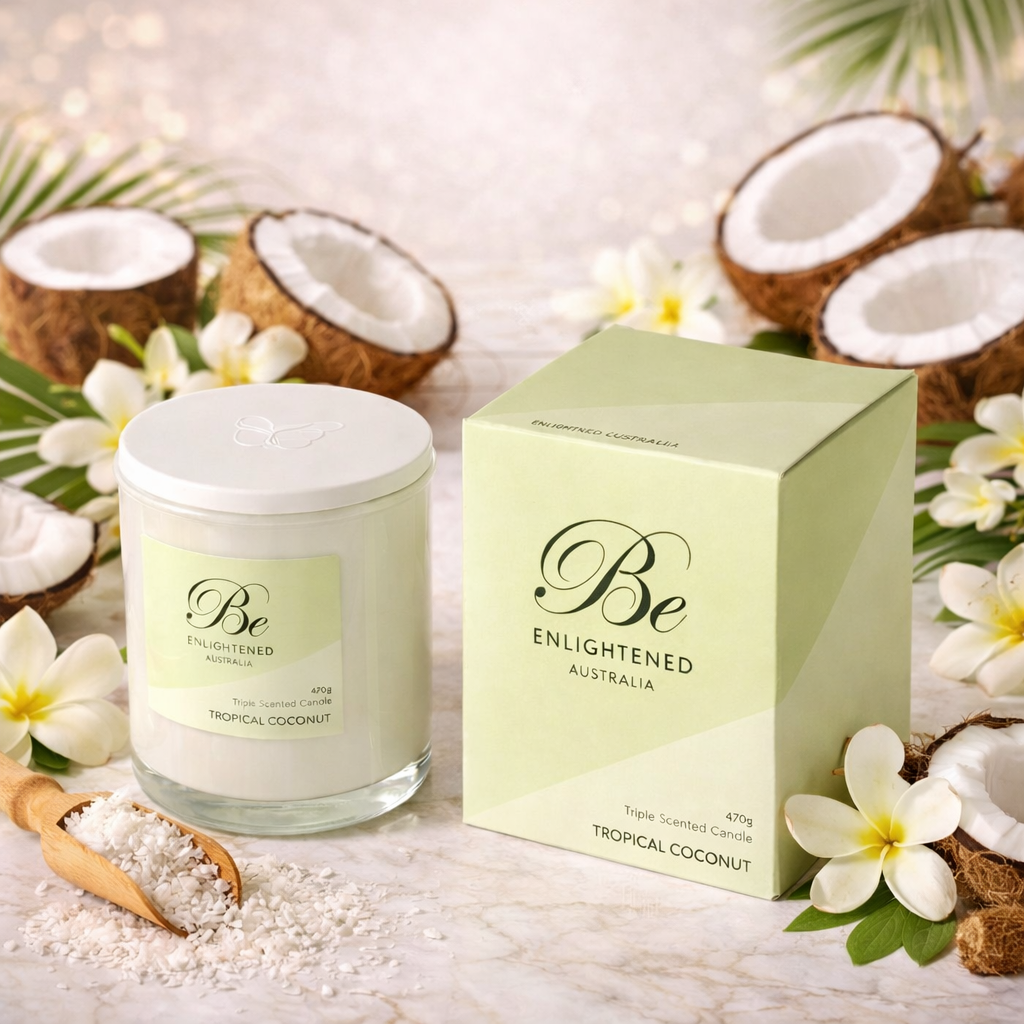 🥥 Tropical Coconut Triple Scented Candle – Be Enlightened 🌴✨🕯️- Creamy, exotic, soothing
