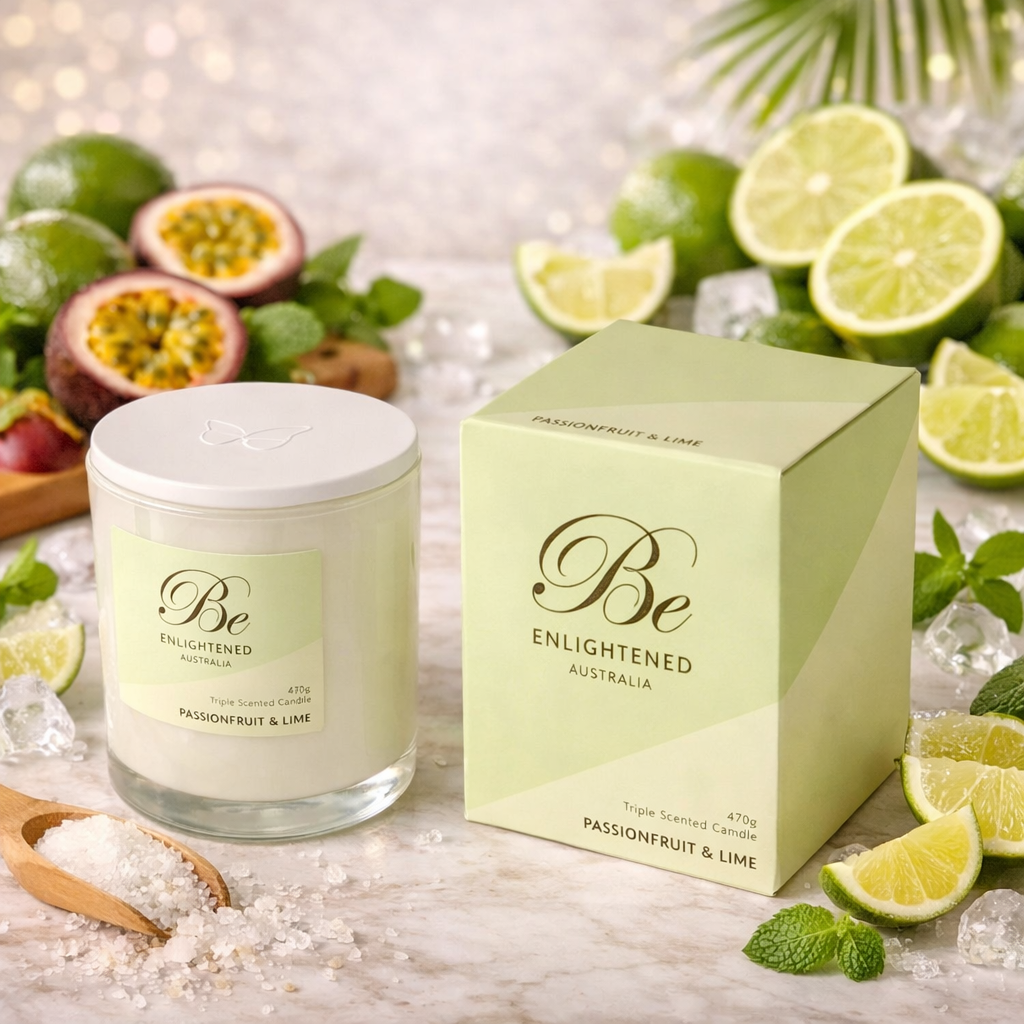 🍈 Passionfruit & Lime Triple Scented Candle 420g by Be Enlightened ✨🕯️🍋 - Fruity, tangy, tropical