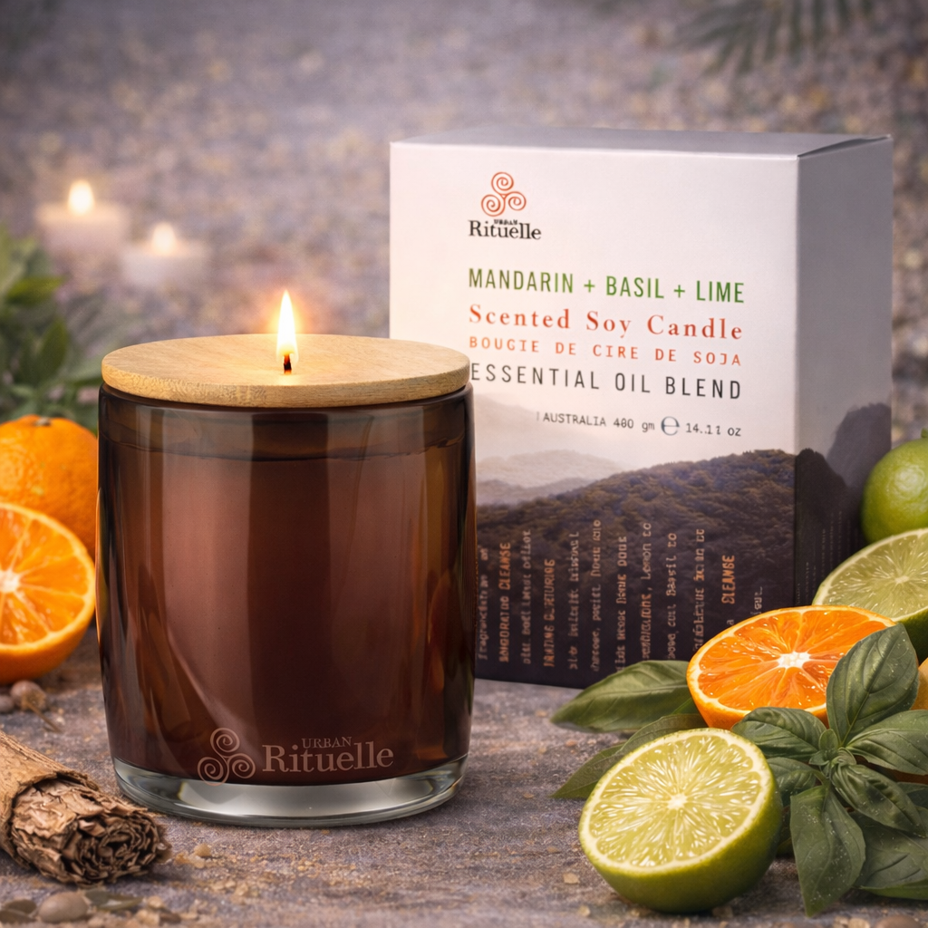🍊 Mandarin, Basil & Lime – Scented Soy Candle (400g) - Urban Rituelle 🌉 - Zesty, Sweet