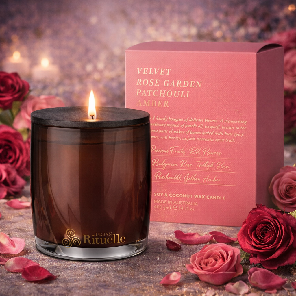 🌹 Velvet Rose Garden, Patchouli & Amber Scented Soy Candle (400g) By Urban Rituelle🌹🌿✨ - floral, warm