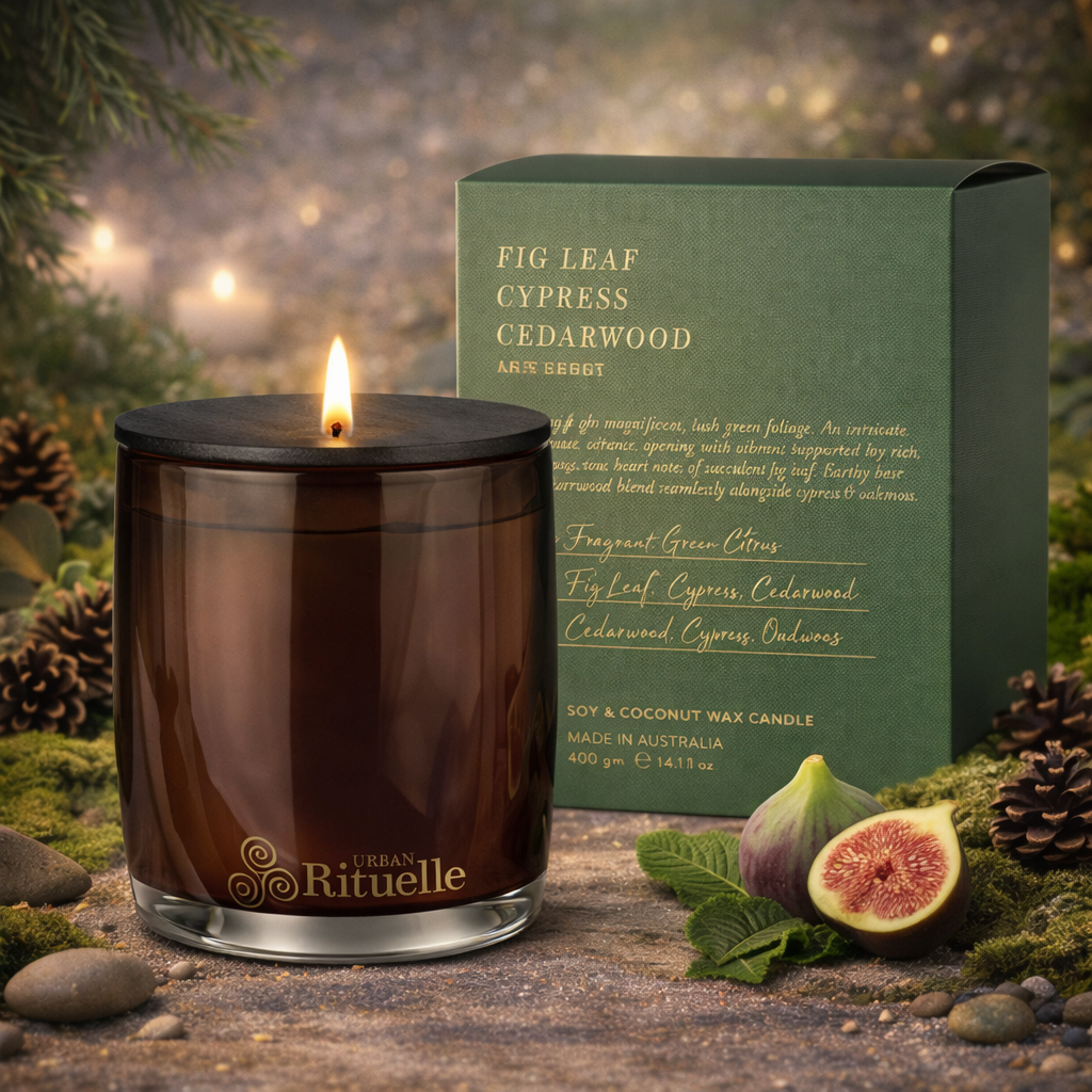 🌿 Fig Leaf, Cypress, Cedarwood & Moss Scented Soy Candle (400g) By Urban Rituelle 🌿🪵🌱 - warm, woody, slightly sweet