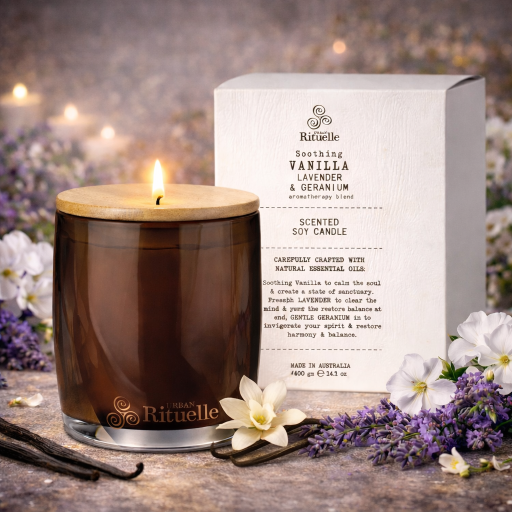 🌸 Vanilla, Lavender & Geranium Scented Soy Candle (400g) By Urban Rituelle 💜🌺🍦 - floral, calming