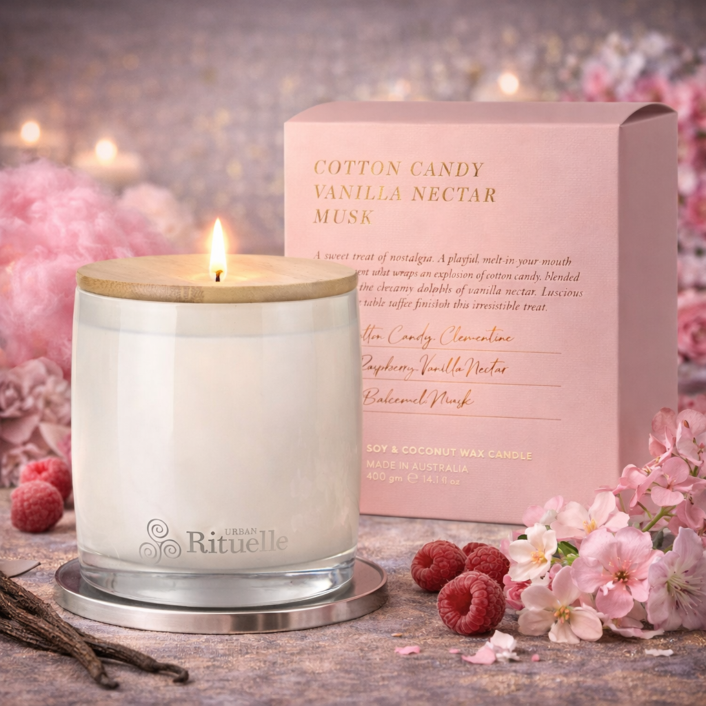 🍭 Cotton Candy, Vanilla Nectar, Musk & Toffee Scented Soy Candle (400g) By Urban Rituelle 🍭🍦💫 - creamy, comforting, smooth
