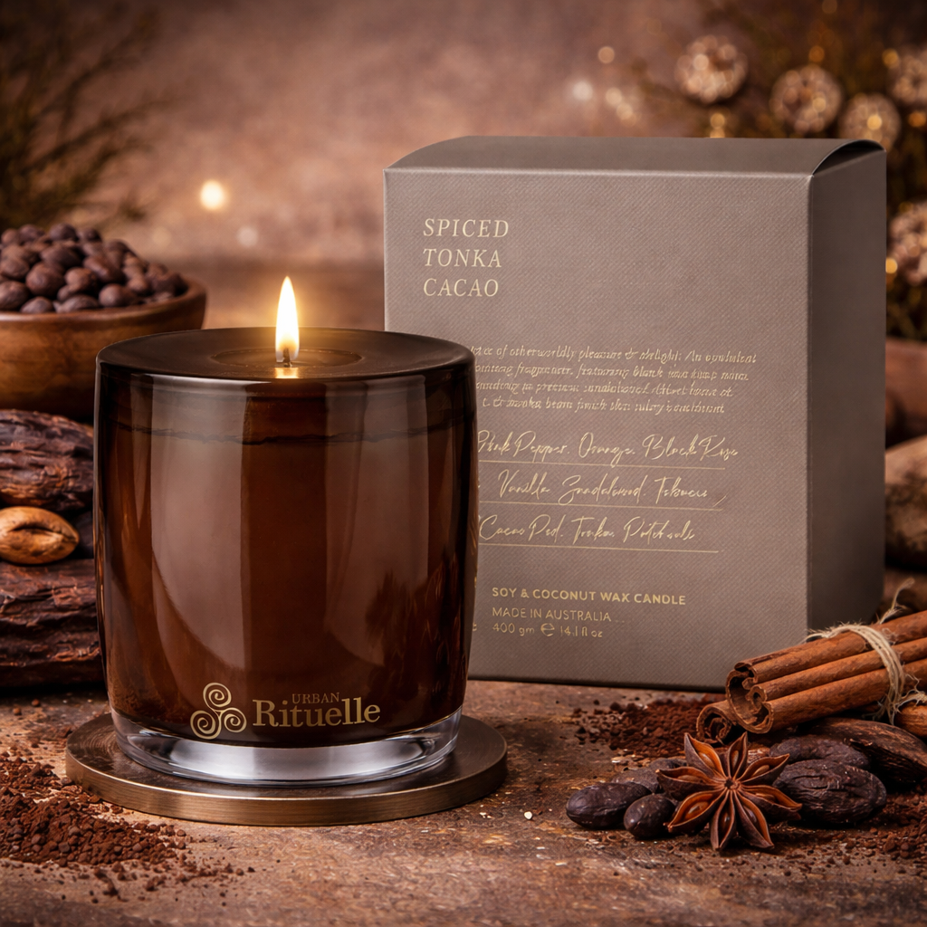 🍫 Spiced Tonka & Cacao Pod – Scented Soy Candle (400g) By Urban Rituelle 🪵🍫🔥 - smooth, deep