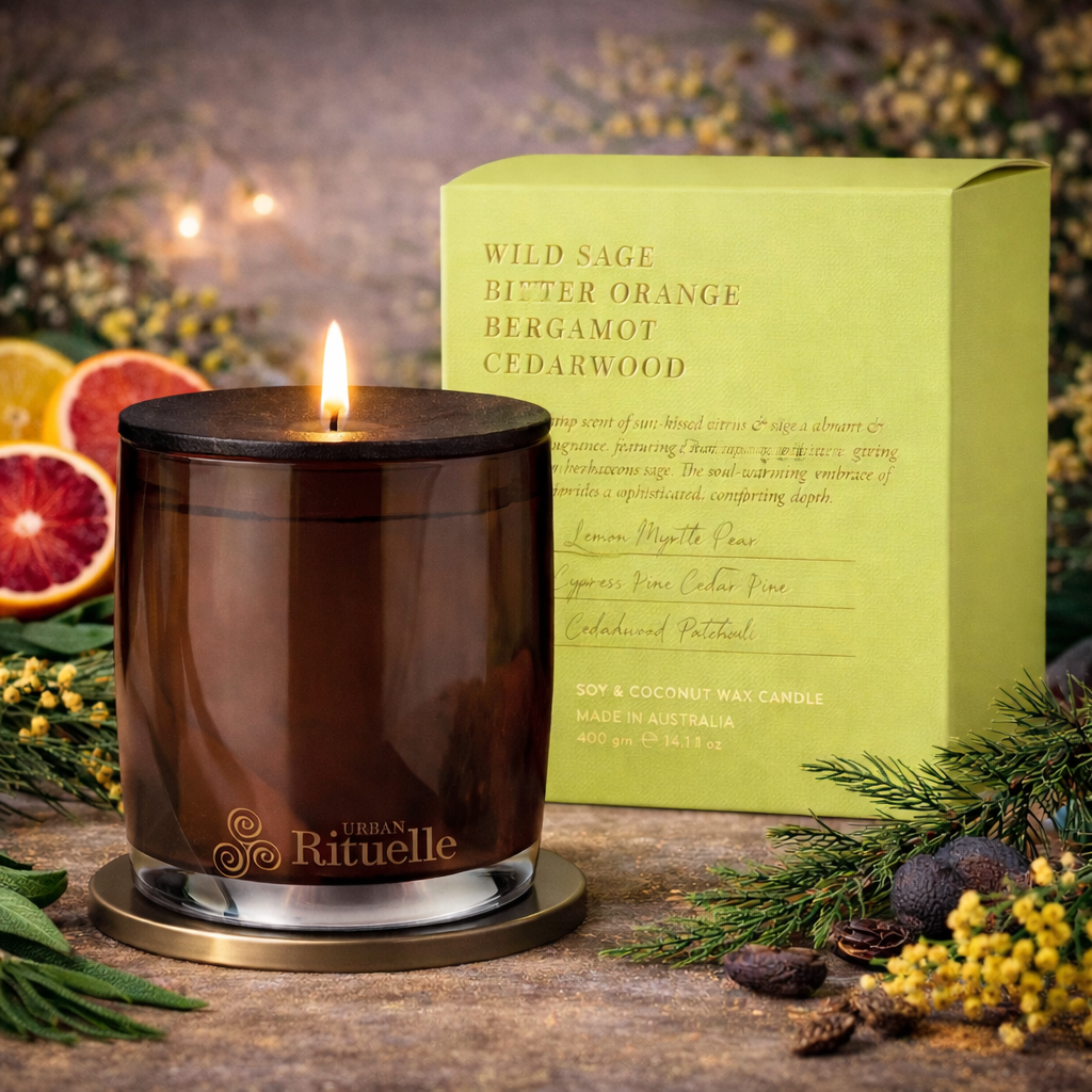 🌿 Wild Sage, Bitter Orange, Bergamot & Driftwood Scented Soy Candle (400g) By Urban Rituelle 🍊🍋🌿 - earthy, uplifting