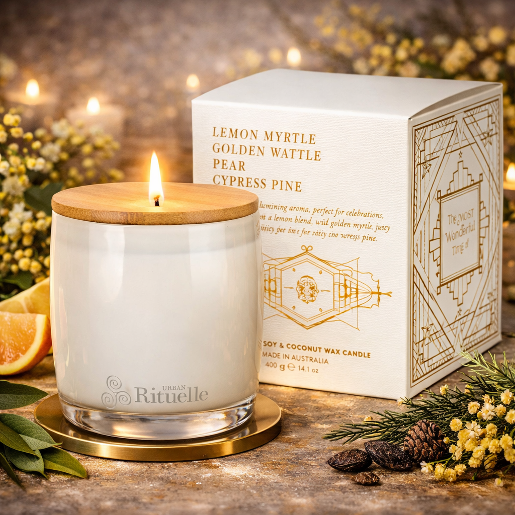 🌼 Lemon Myrtle, Golden Wattle, Poached Pear & Cypress Pine Scented Soy Candle (400g) By Urban Rituelle 🍋🌼🌿 - soft floral, woody, grounding