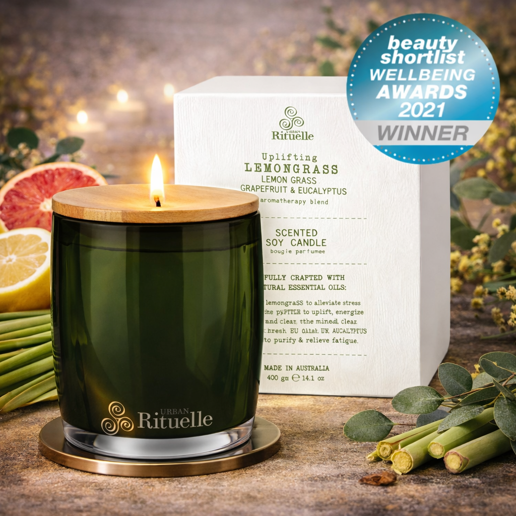 🍋 Lemongrass, Lemon Myrtle, Grapefruit & Eucalyptus Scented Soy Candle (400g) By Urban Rituelle 🌿🍋🍊 - Fresh, zesty, clean