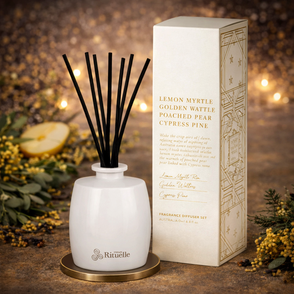 🌼 Lemon Myrtle, Golden Wattle, Poached Pear & Cypress Pine Fragrance Diffuser Set (220ml) By Urban Rituelle 🍋 - citrusy, woody