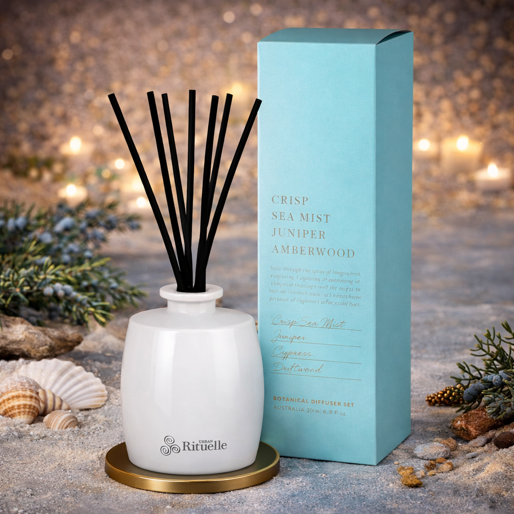 🌊 Crisp Sea Mist, Juniper & Amberwood Fragrance Diffuser Set (220ml) By Urban Rituelle 🌿🪵 - cool, grounding