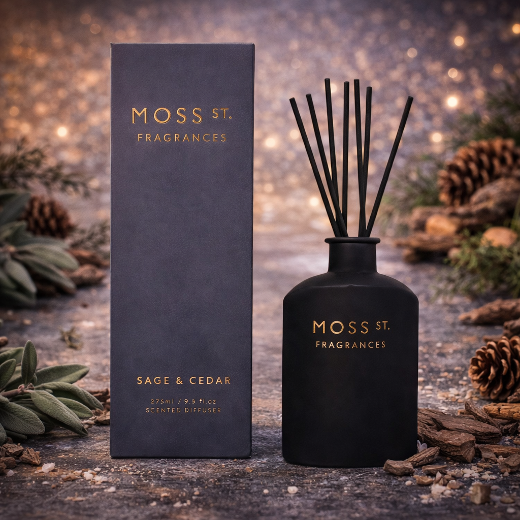🌿 Sage & Cedar 275ml Reed Diffuser – Moss St. Fragrances 🪵✨ - Earthy, crisp, calming