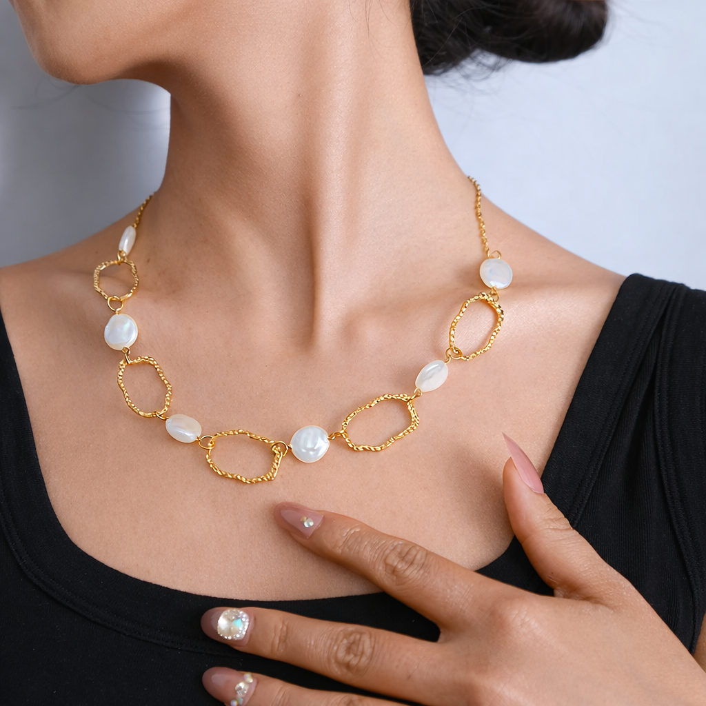 ✨ 18K Gold Plated Pearl Link Necklace – Modern Organic Elegance 🤍