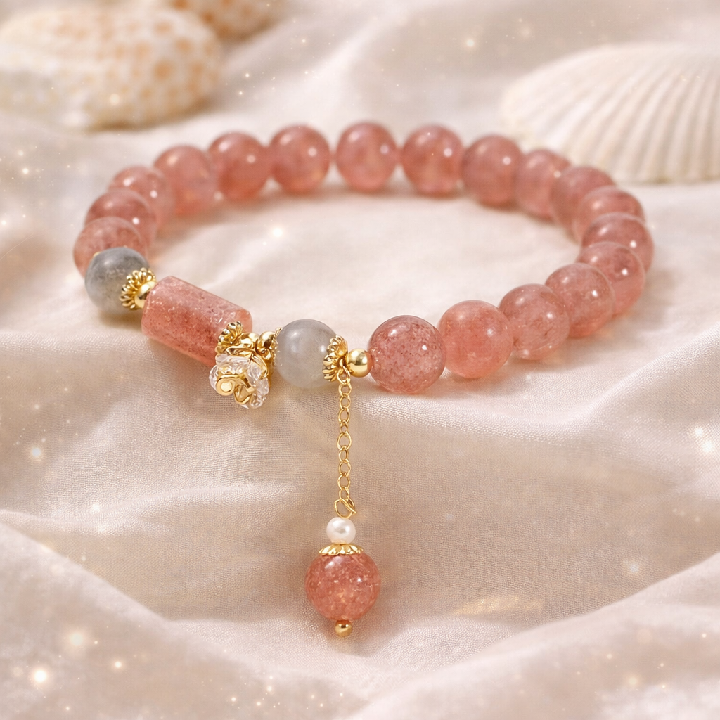 Rose Quartz Charm Bracelet 🌸💗 | Pink Crystal Beads with Gold & Pearl Drop