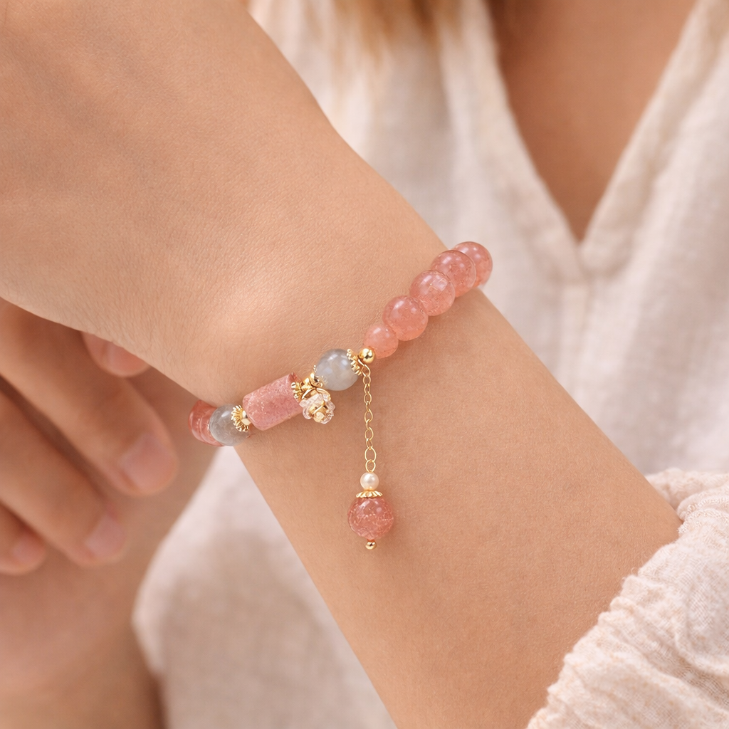 Rose Quartz Charm Bracelet 🌸💗 | Pink Crystal Beads with Gold & Pearl Drop