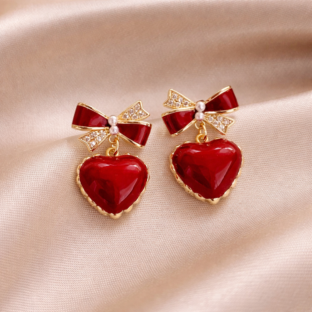 Red Heart Bow Drop Earrings ❤️✨