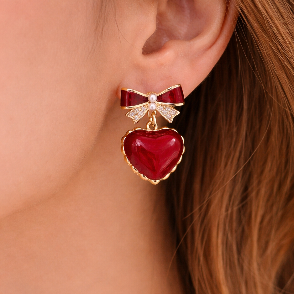 Red Heart Bow Drop Earrings ❤️✨