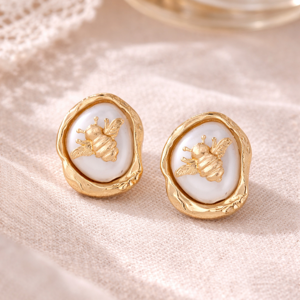 Gold Bee Mother-of-Pearl Stud Earrings 🐝✨