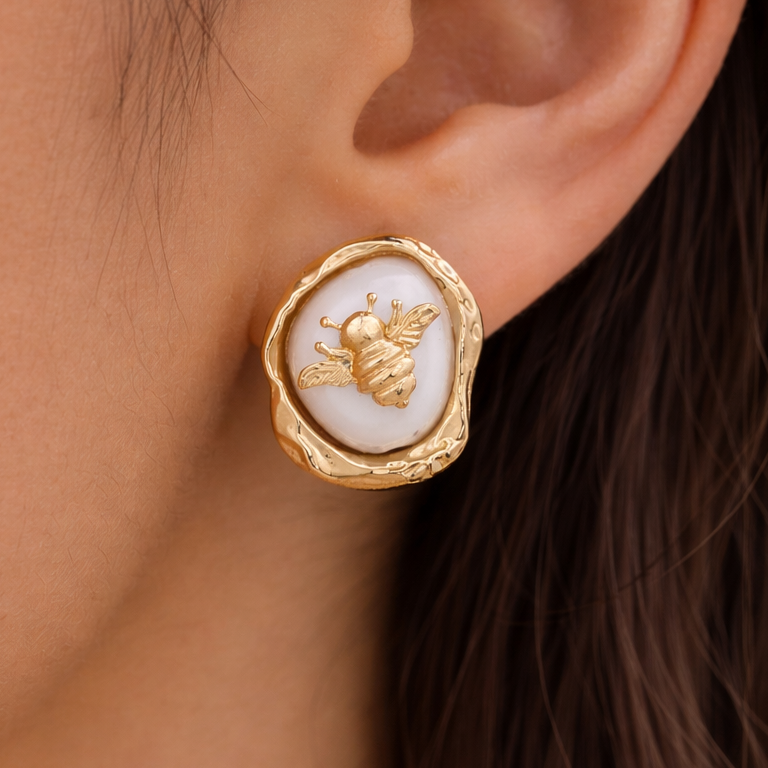 Gold Bee Mother-of-Pearl Stud Earrings 🐝✨