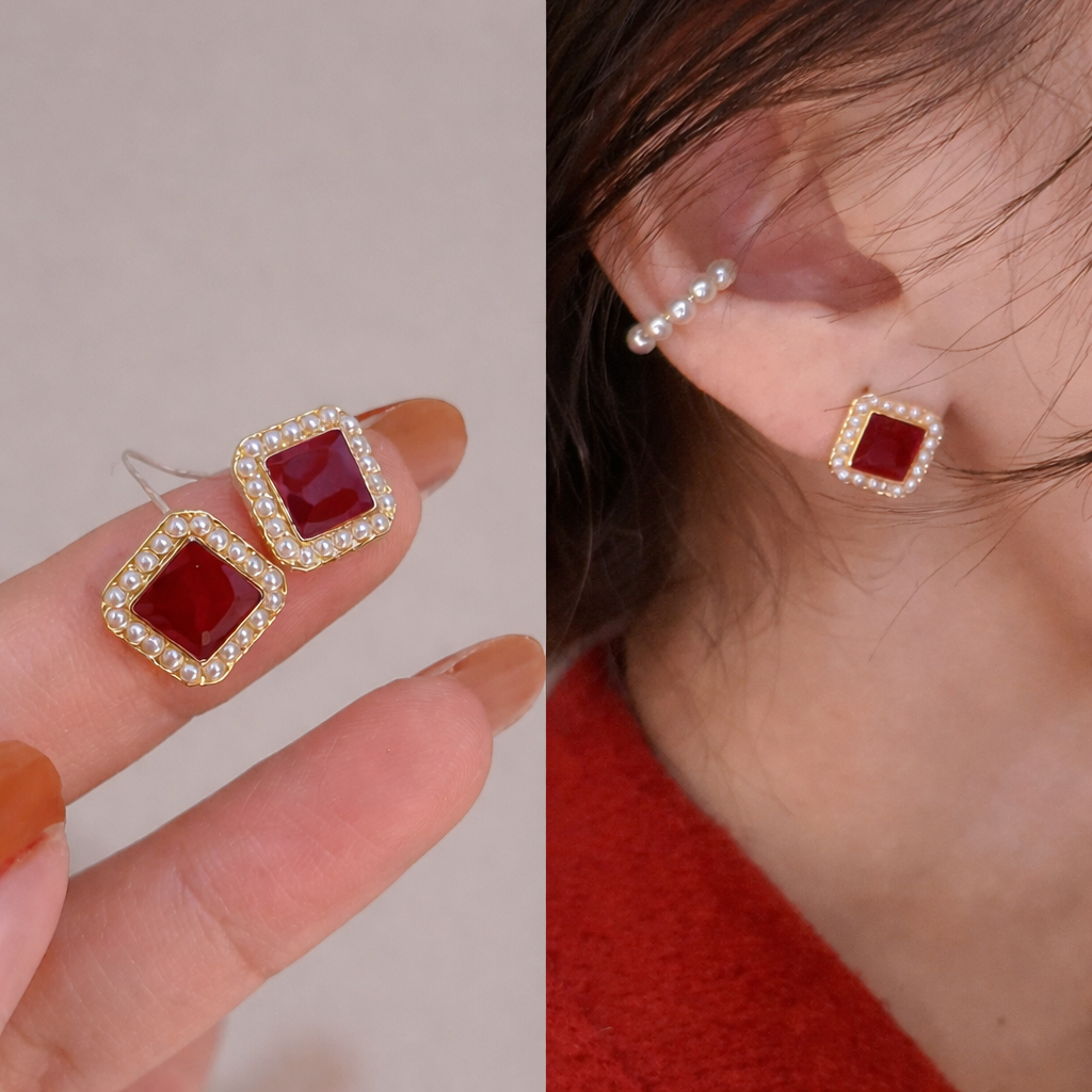 Ruby Red Square Stud Earrings ❤️✨