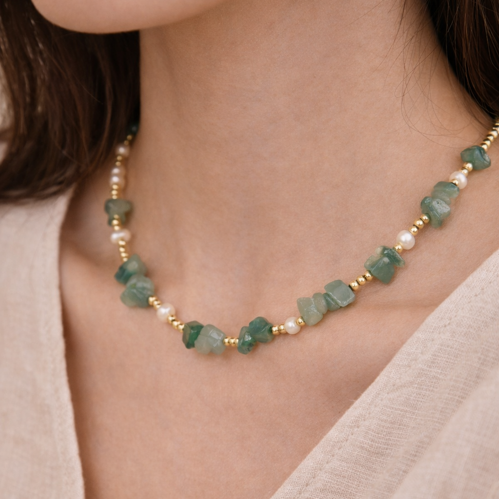 Natural Stone & Freshwater Pearl Gold Chain