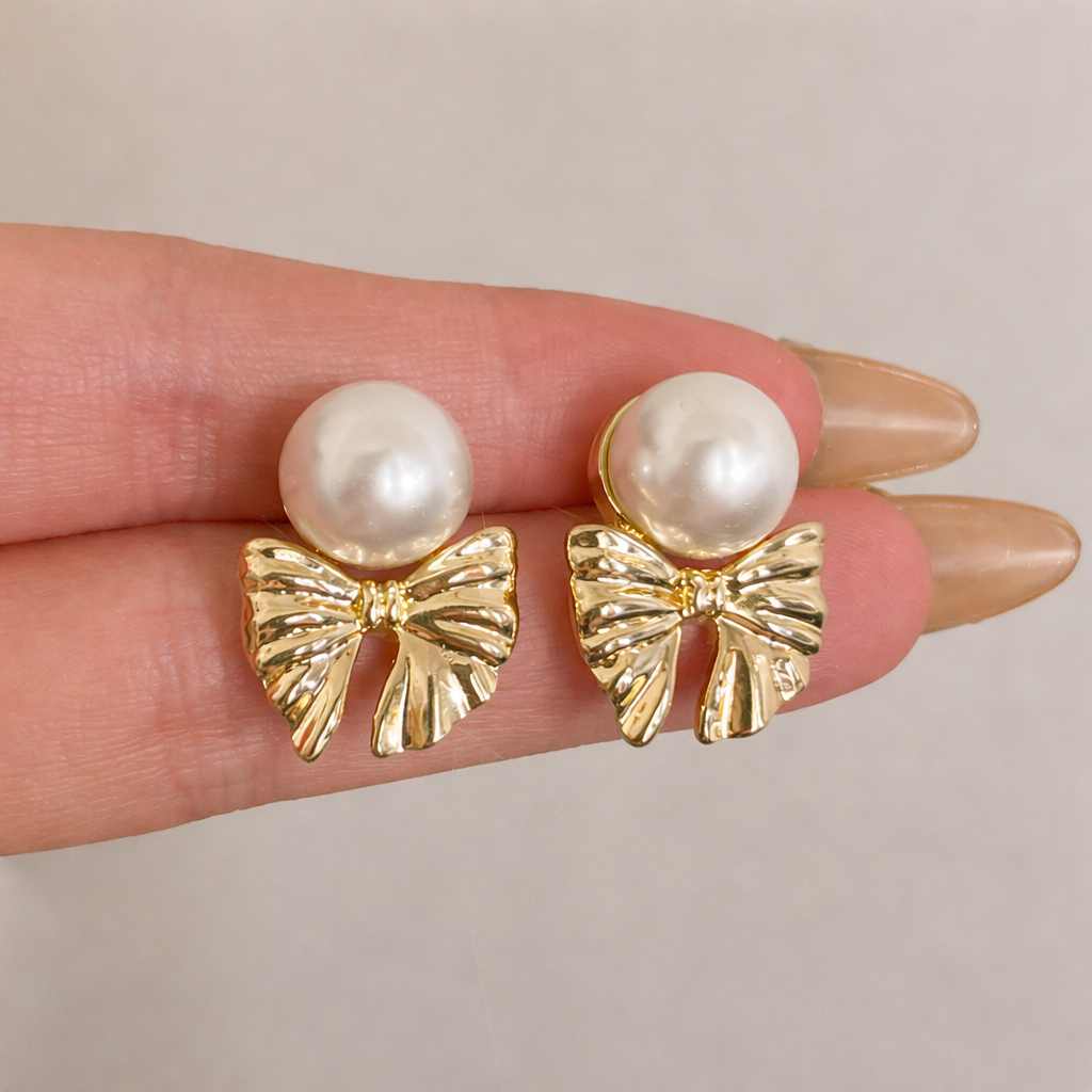 Pearl & Gold Bow Stud Earrings 🎀🤍 | B2F1