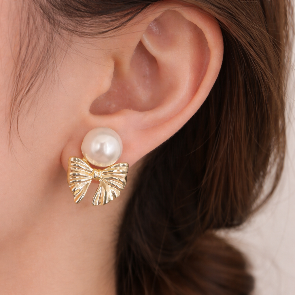 Pearl & Gold Bow Stud Earrings 🎀🤍 | B2F1