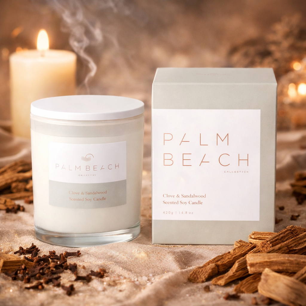 🪵 Clove & Sandalwood Candle 420g – Palm Beach ✨🔥- Spicy, woody, deeply comforting