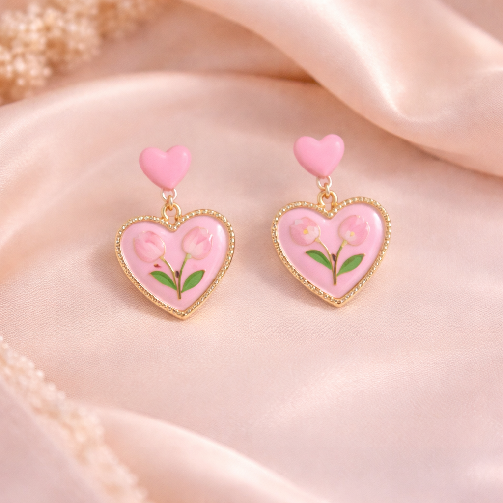 Pink Tulip Heart Drop Earrings 🌷💗B2F1