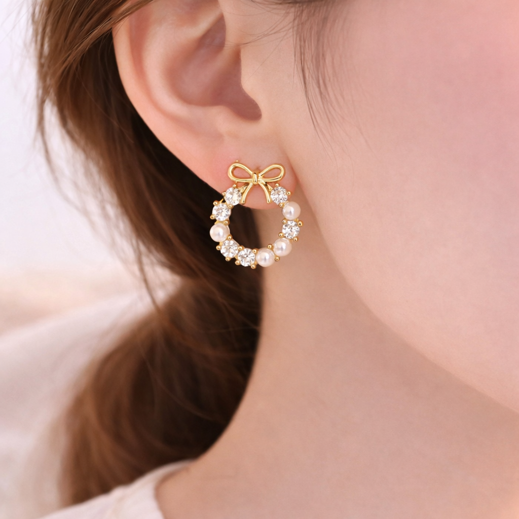 🎀 Bow Pearl & Crystal Hoop Earrings ✨ |B2F1