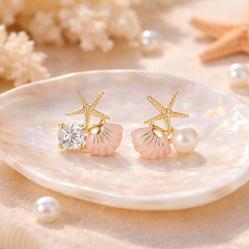 Pearl & Seashell Gold studs 🌊✨B2F1