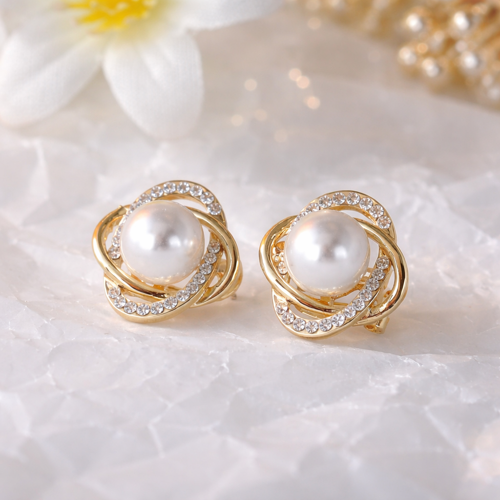 Elegant Pearl & Crystal Knot Stud Earrings ✨B2F1