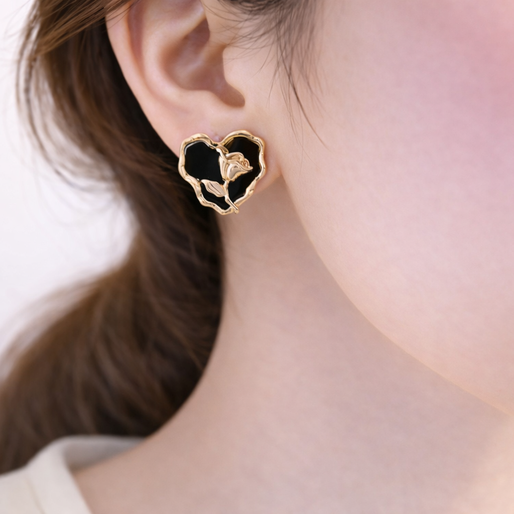 Black Heart Rose Stud Earrings🖤✨B2F1