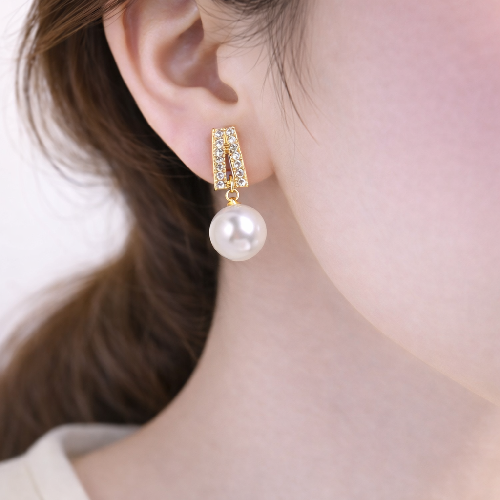 Elegant Pearl Drop Earrings with Crystal Gold Bar 💎🤍B2F1