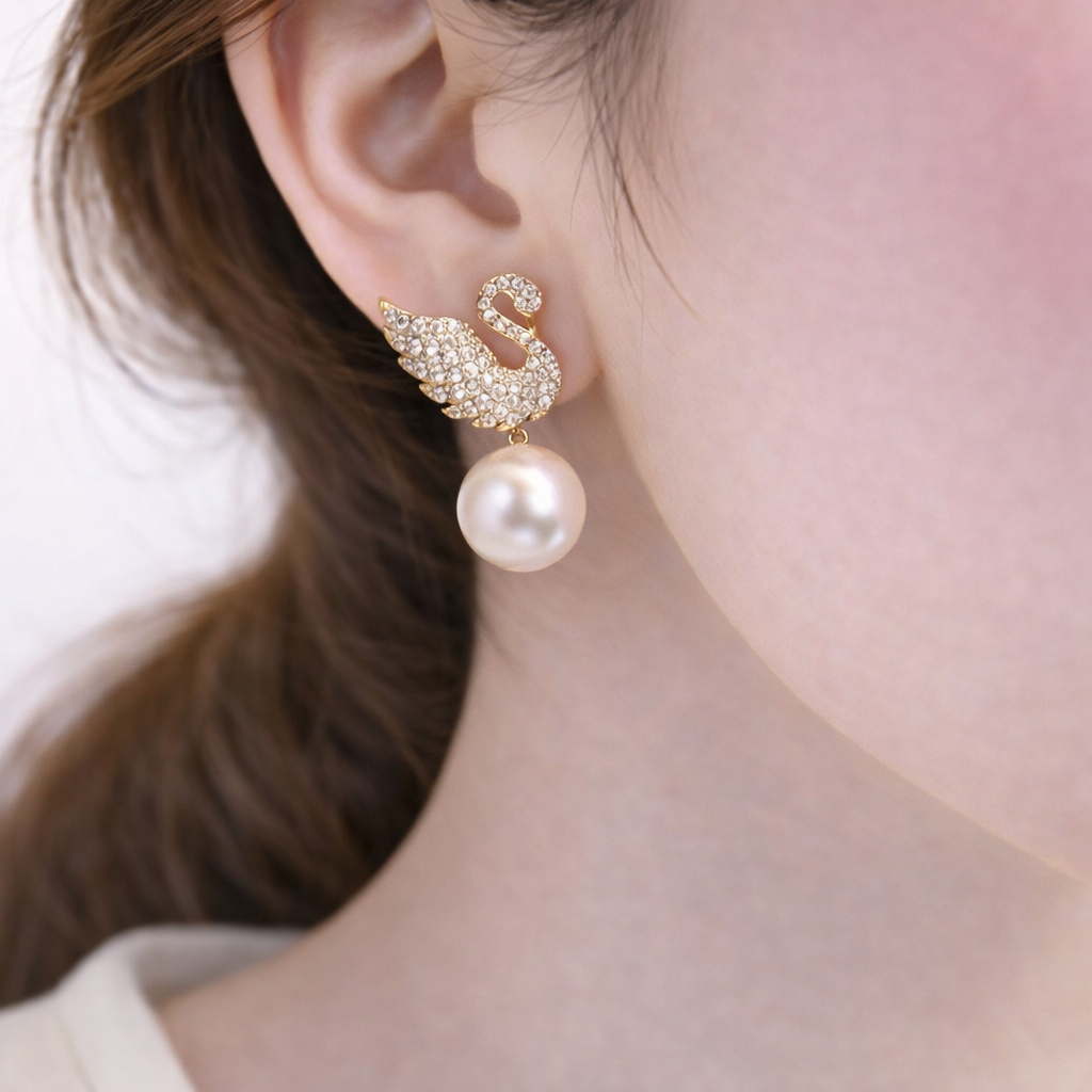 Crystal Swan Pearl Drop Earrings 🦢✨B2F1