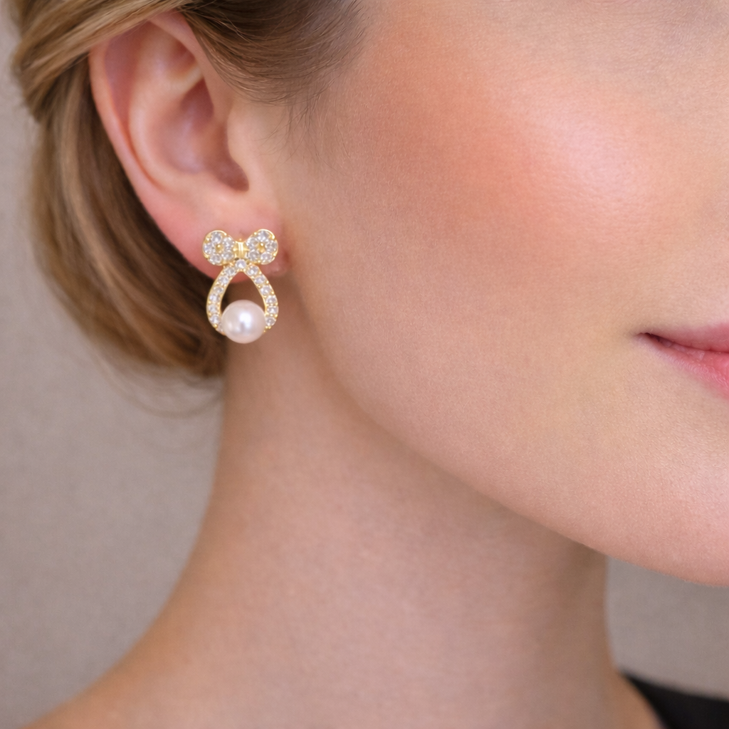 Crystal Bow Pearl Drop Earrings🎀🤍B2F1
