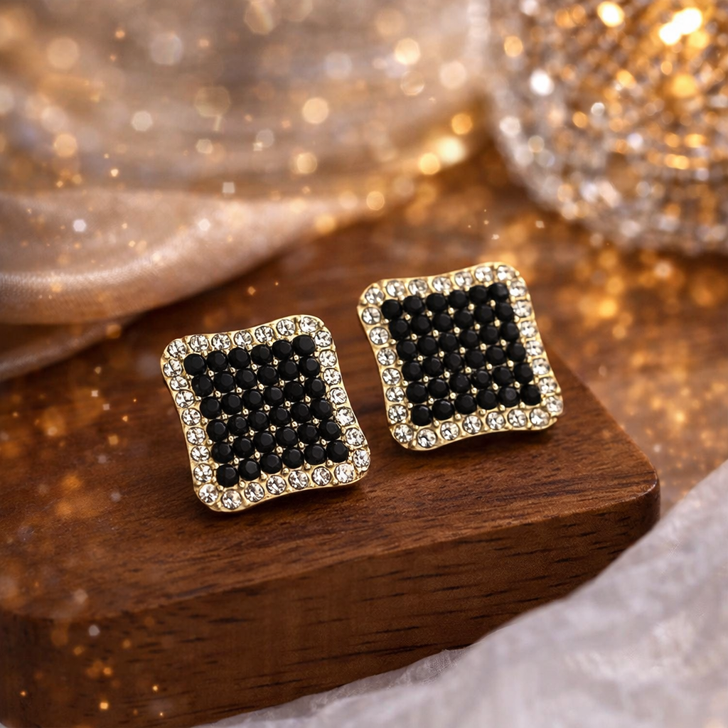 🖤 Luxe Black Crystal Square Stud Earrings ✨B2F1