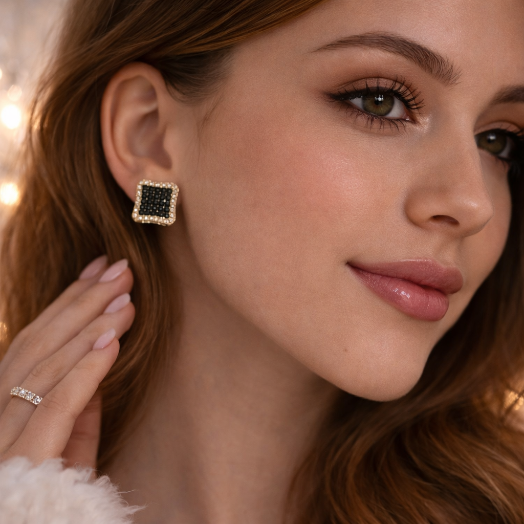 🖤 Luxe Black Crystal Square Stud Earrings ✨B2F1