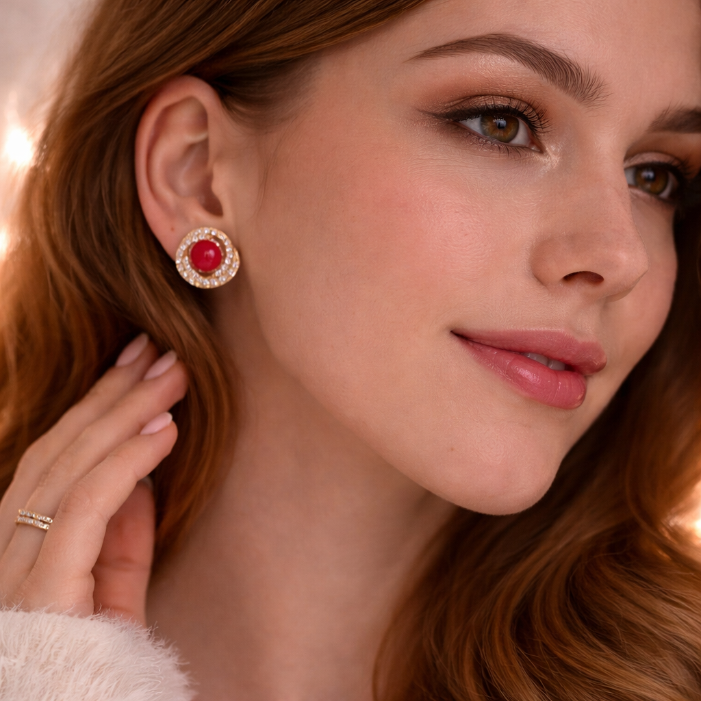 ❤️ Luxe Red Stone Halo Stud Earrings ✨B2F1