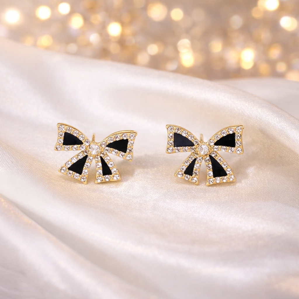 🎀 Petite Black Bow Crystal Stud Earrings ✨B2F1