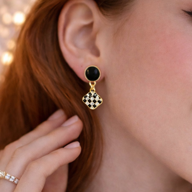 🖤 Petite Black Checkerboard Drop Earrings ✨B2F1