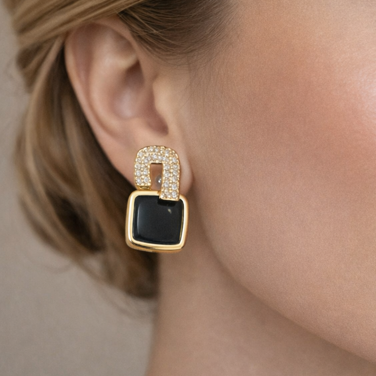 Black Onyx & Crystal Drop Earrings🖤✨