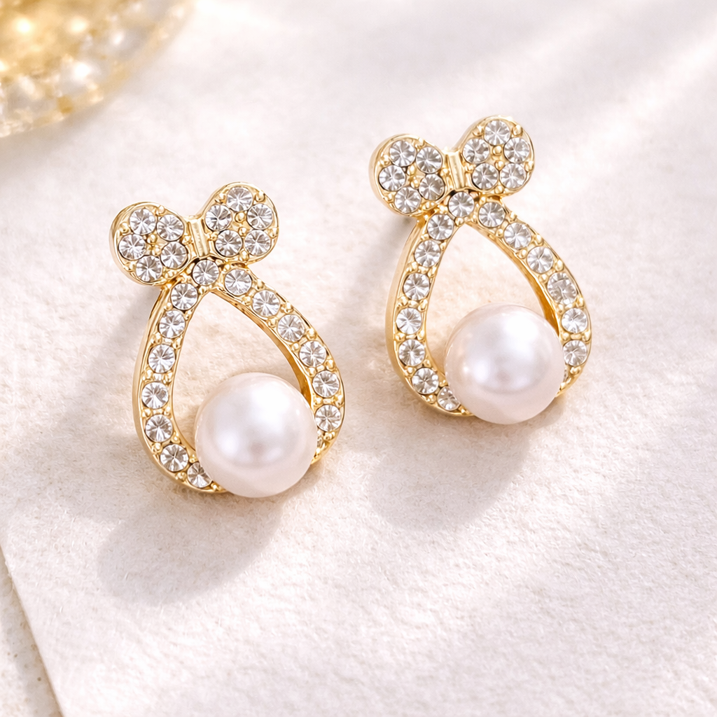 Crystal Bow Pearl Drop Earrings🎀🤍B2F1