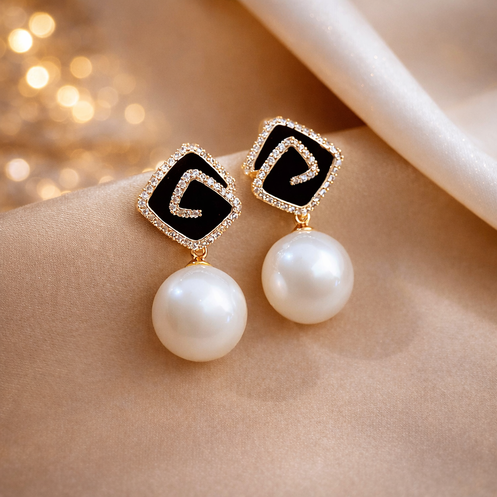 💎 Mini Black Square Pearl Drop Earrings 🤍B2F1