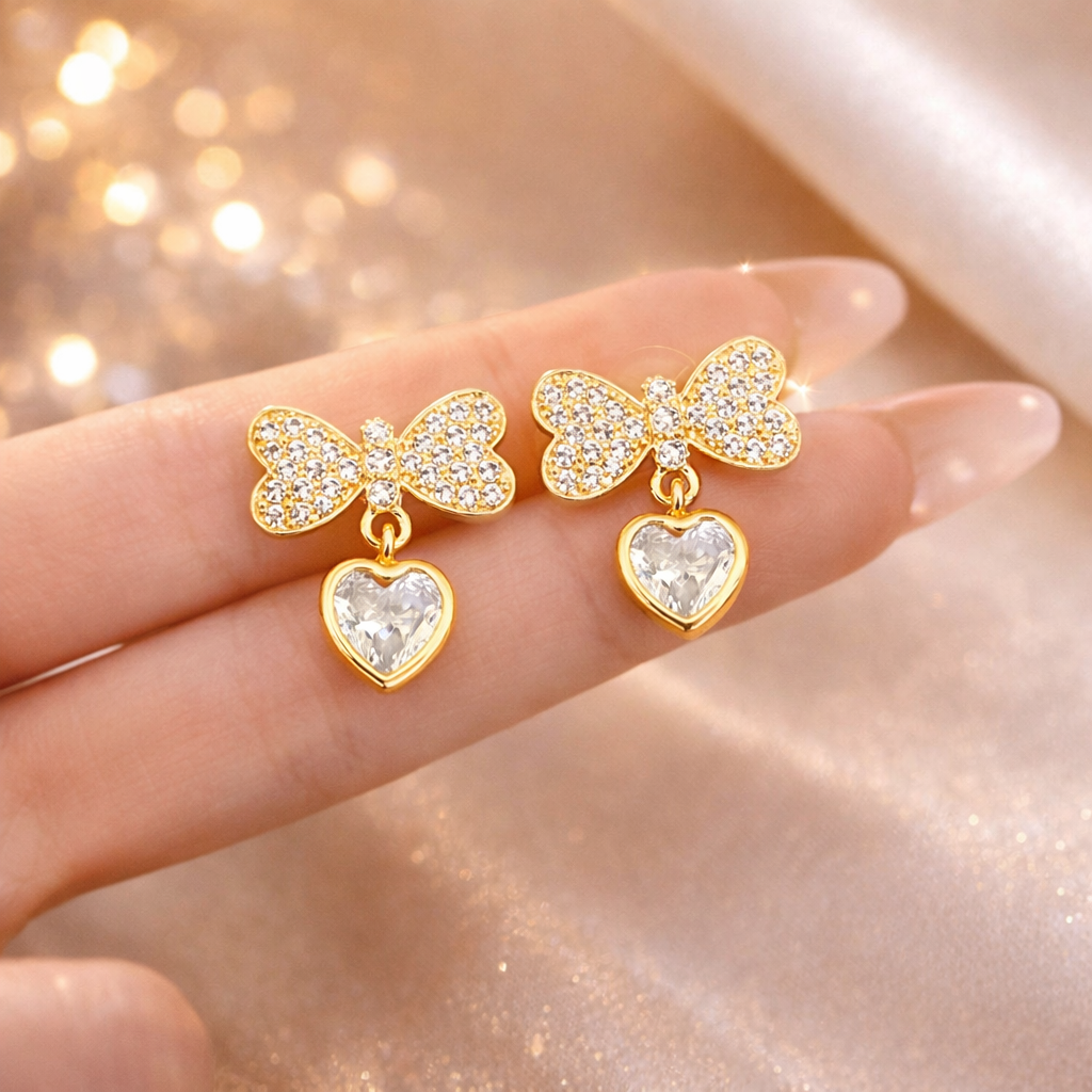 🎀 Gold Bow & Heart Crystal Stud Earrings 💛 B2F1