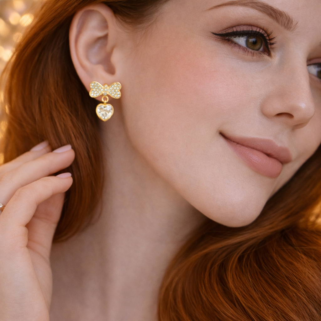 🎀 Gold Bow & Heart Crystal Stud Earrings 💛 B2F1