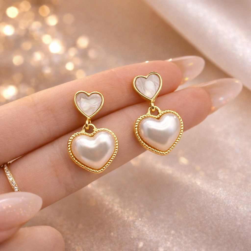 Elegant Double Heart Pearl Drop Earrings 💛🤍✨B2F1